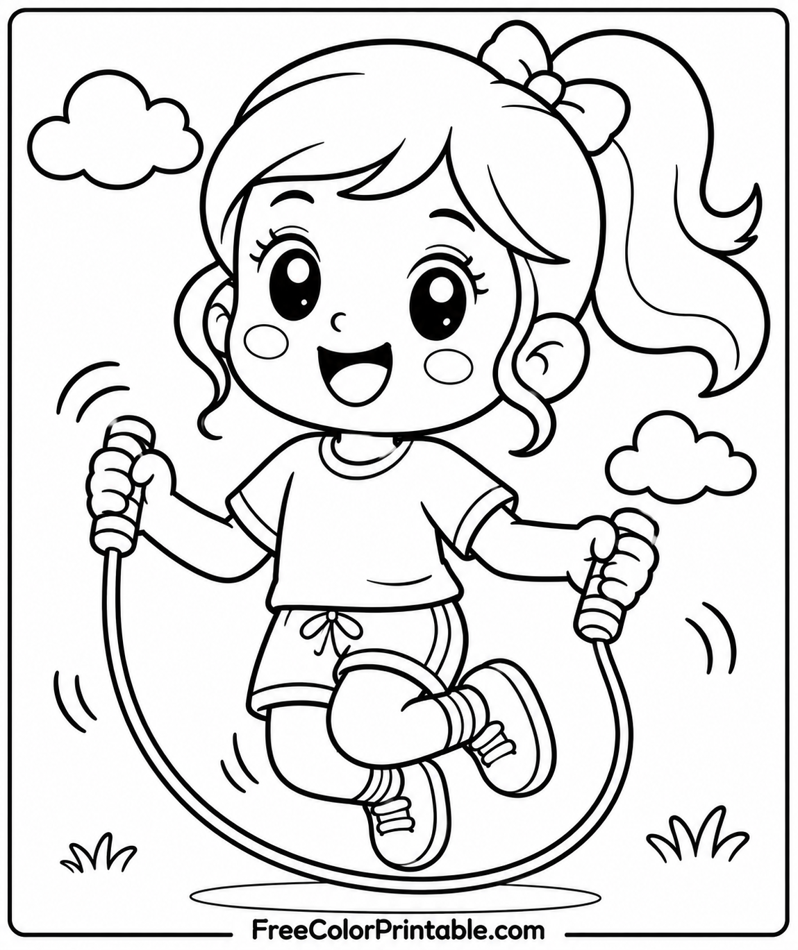 Kid jumping rope in a sunny field Coloring Page — Free Printable — free printable coloring page